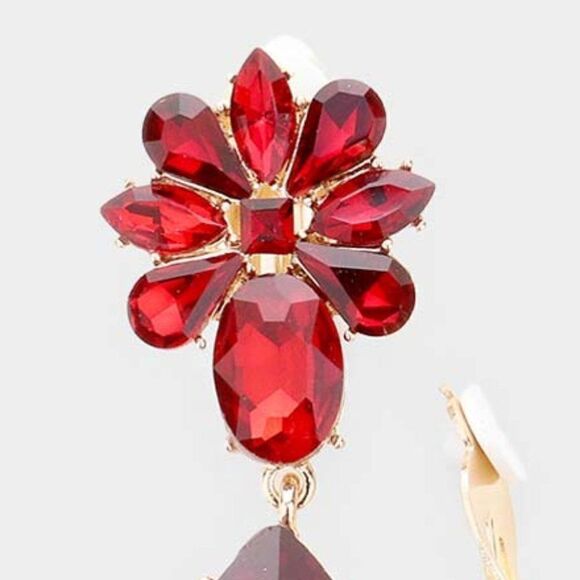 Teardrop Red Crystal Oval Floral Clip On Earrings NWT - Picture 2 of 5